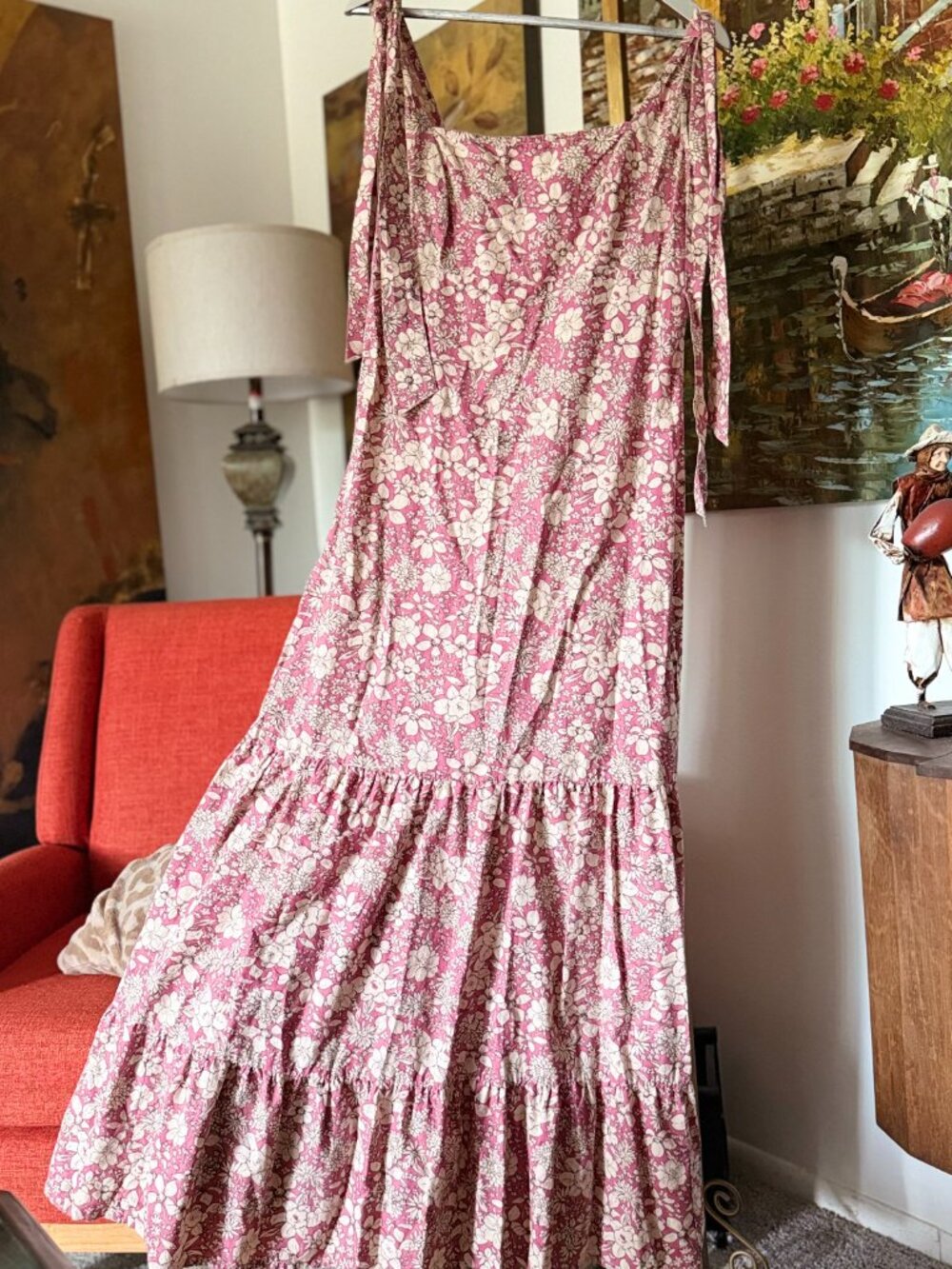 FREE PEOPLE  In-the-Field Beige Pink Floral Tiered Long dress large